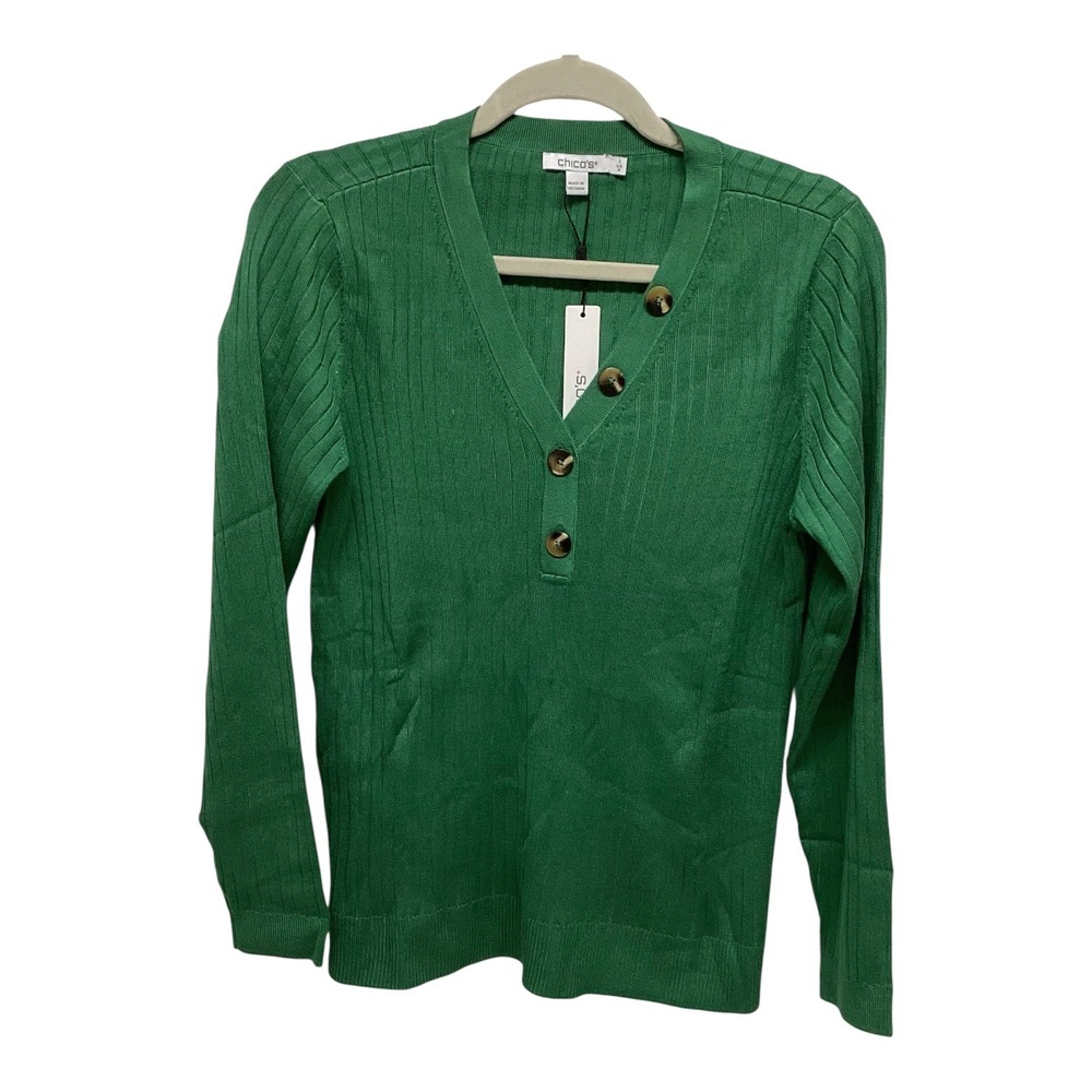 Chicos Jardin Green Ribbed Henley Pullover Sweater Long Sleeve Size 1 M New